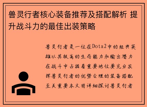 兽灵行者核心装备推荐及搭配解析 提升战斗力的最佳出装策略